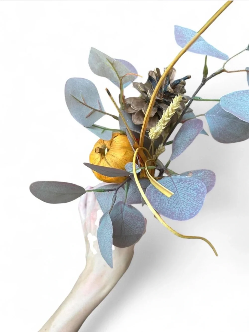 Artificial Eucalyptus & Pinecone Arrangement in Glass Vase - Purple and Gold